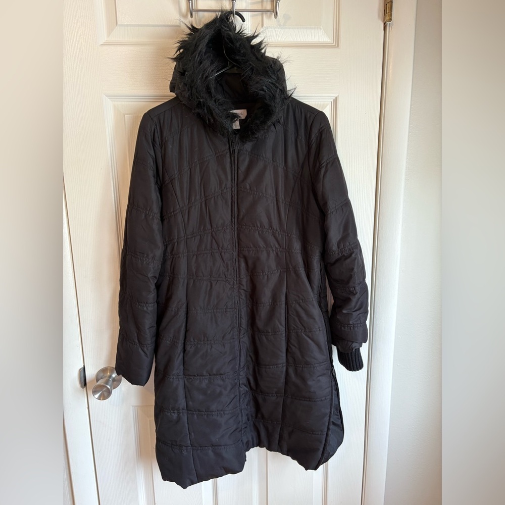 Motherhood Maternity Women's Black Quilted Coat with Faux Fur Hood